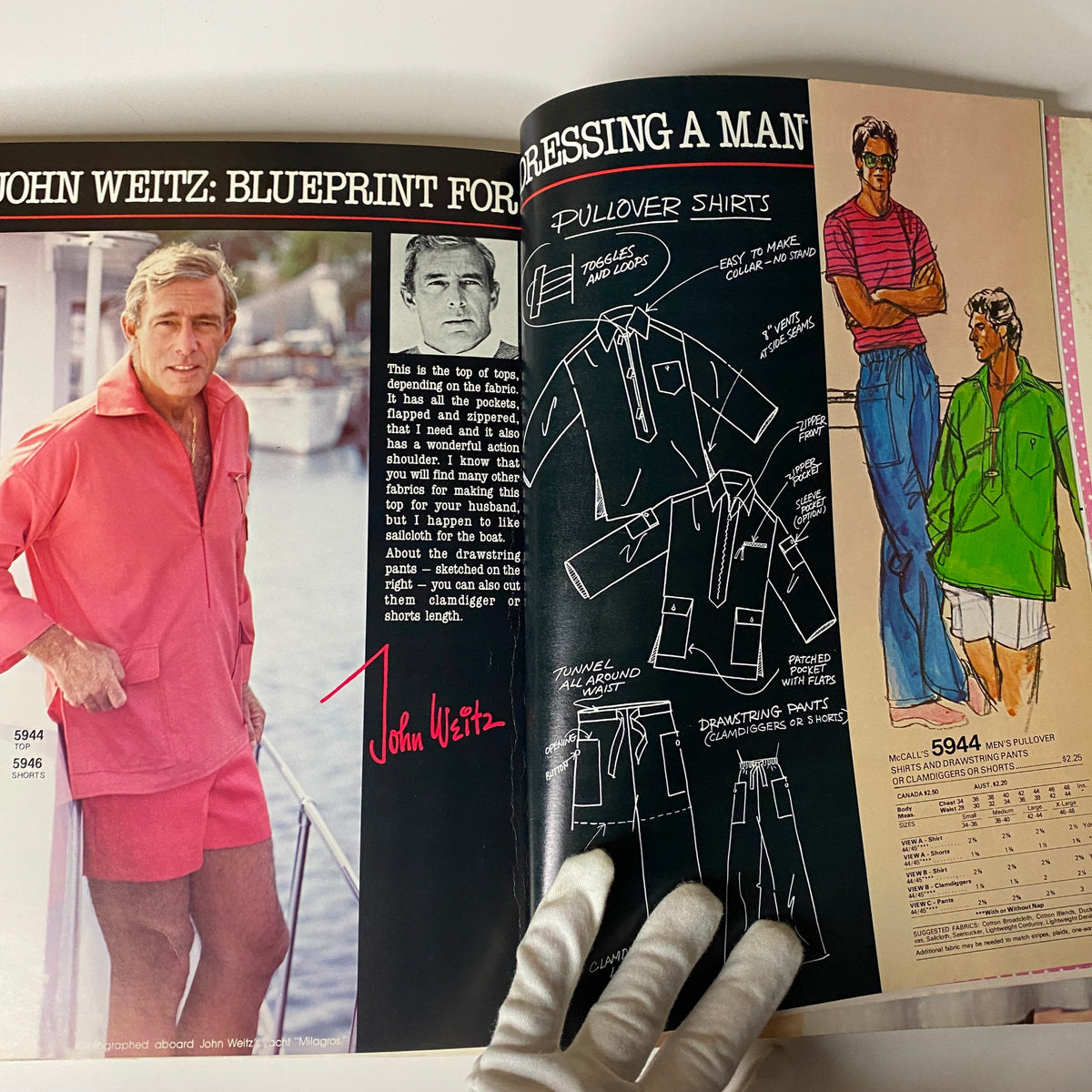 1977 July Carefree Patterns from McCall's Summer Huge Store Retail Catalog featuring a fashion segment for men's clothing with illustration guides for pullover shirts and shorts.
