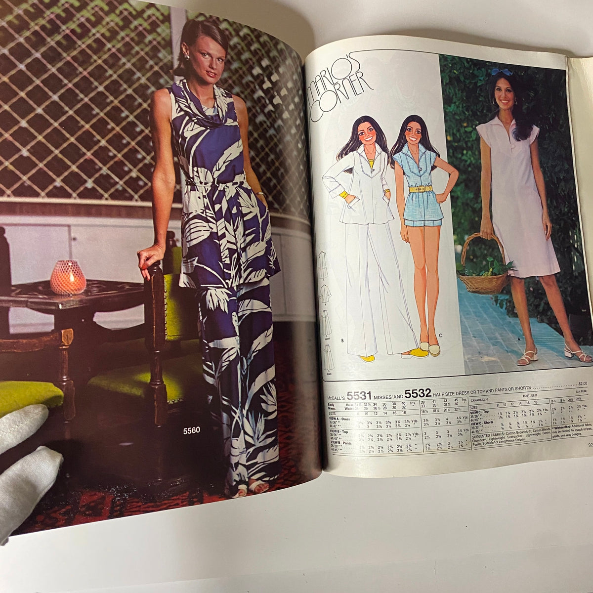 1970s June Carefree Patterns from McCall's Huge Store Retail Counter Catalog showcasing a chic Misses' jumpsuit and various summer dress designs, emphasizing 1970s fashion trends.