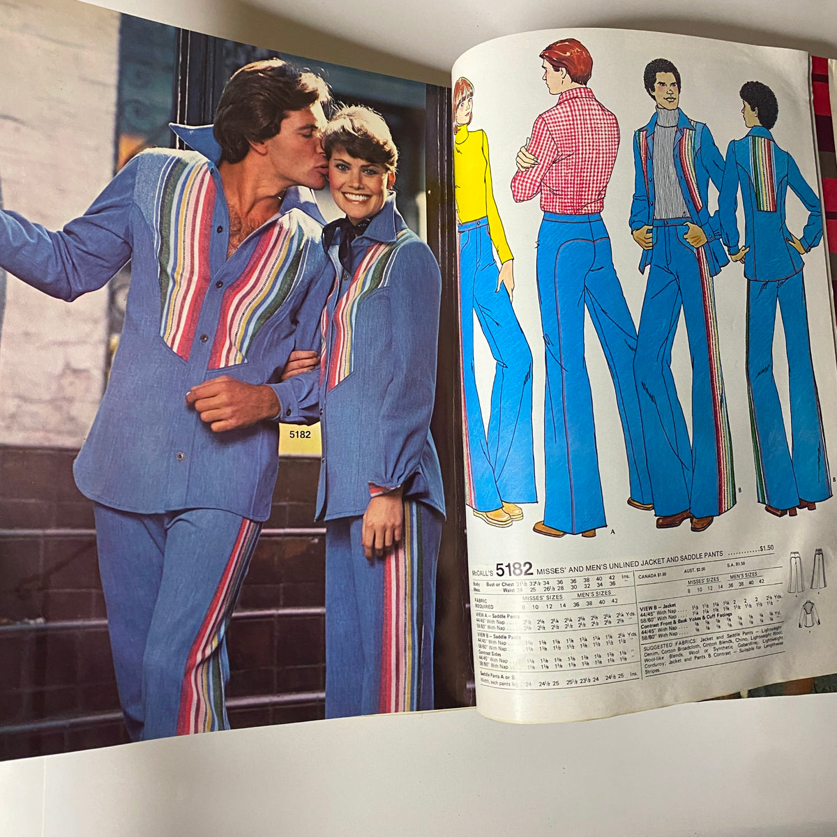 1970s June Carefree Patterns from McCall's Huge Store Retail Counter Catalog featuring a couple in vintage outfits with stripes, showcasing sewing patterns for men's and women's clothing like jackets and pants.