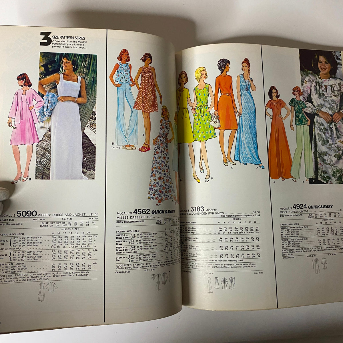 Page from the 1970s March Carefree Patterns from McCall's Catalog displaying a variety of dresses and outfits, including measurements and fabric suggestions for sewing.