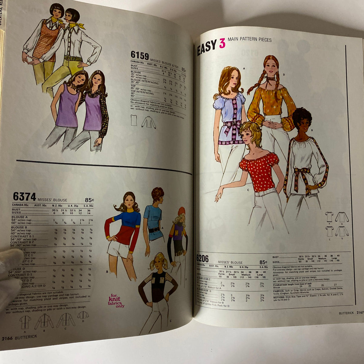1972 May Butterick Catalog showcasing sewing patterns for misses' blouses and tops with illustrations of stylish designs featuring women in fashionable outfits.