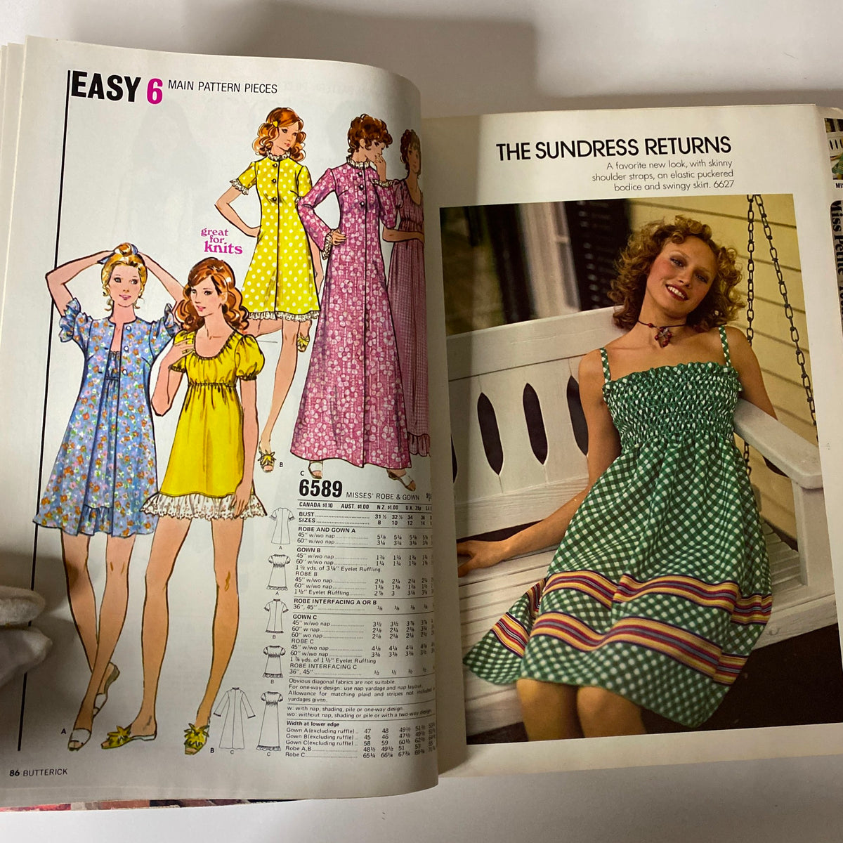 Two-page spread from the 1972 June Butterick Miss Petite Catalog featuring various designs for dresses and gowns including floral patterns.