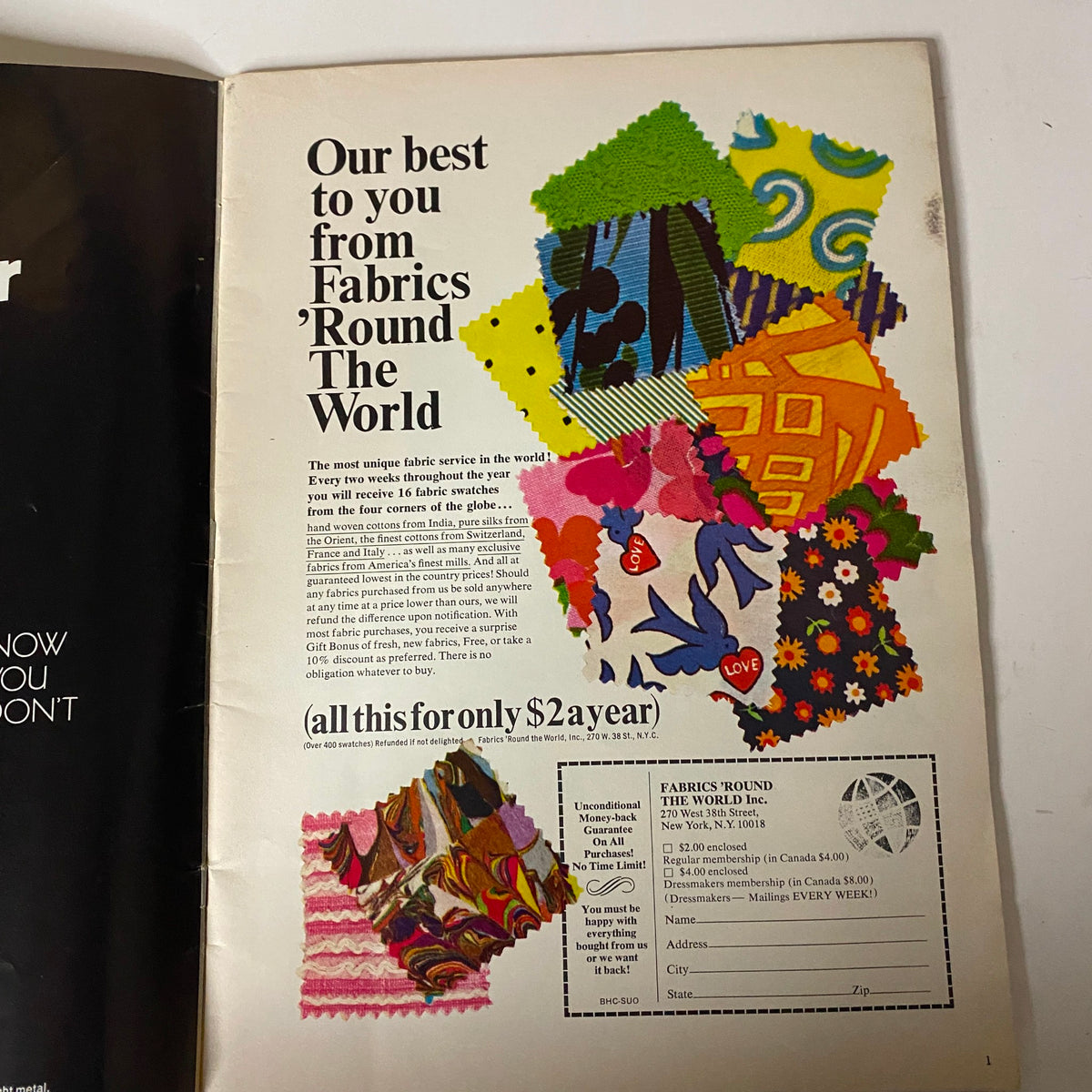 Fabrics 'Round The World advertisement featuring colorful fabric swatches promoting a unique fabric service from the 1970 Butterick Summer Home Catalog. Offers 16 fabric swatches annually for a small fee, emphasizing convenience for home sewers.