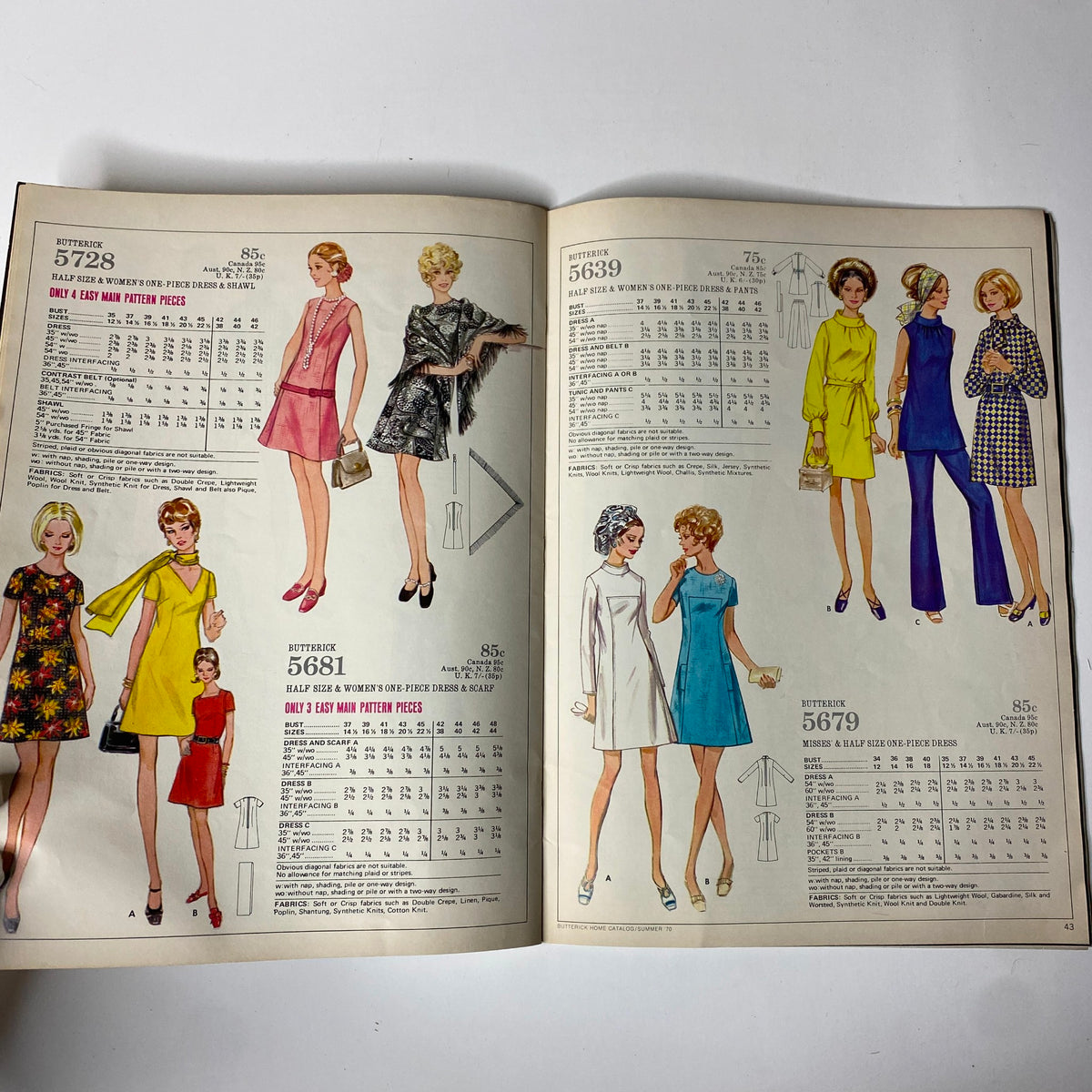1970 Butterick Summer Home Catalog pages featuring a collection of women's dress patterns. Includes detailed illustrations of dresses and separate pieces, highlighting the vibrant colors and designs typical of the 1970s aesthetic.