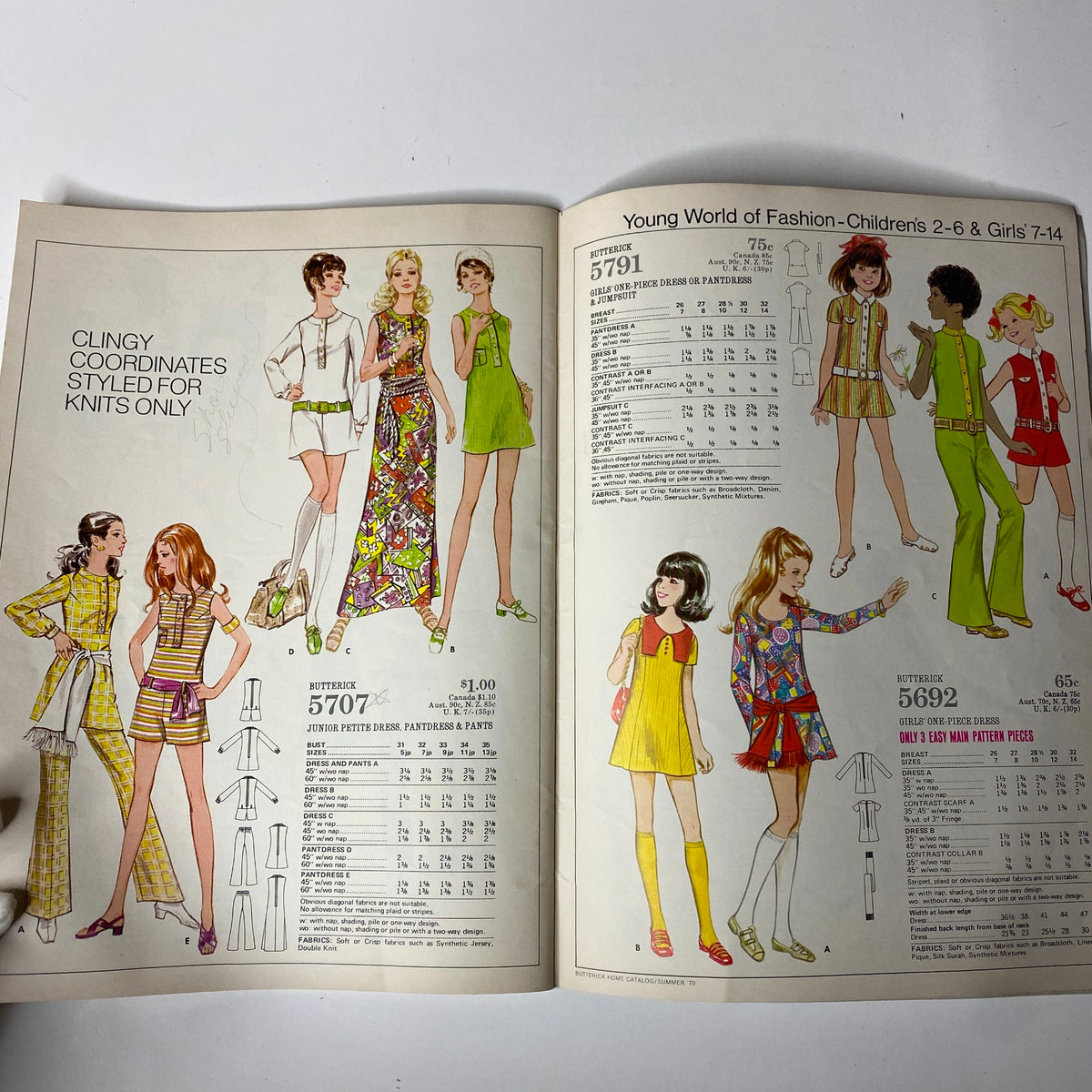 Youth-oriented page from the 1970 Butterick Summer Home Catalog displaying children's fashion patterns. Features colorful outfits and accessories, capturing the playful and trendy styles of the era for young girls.