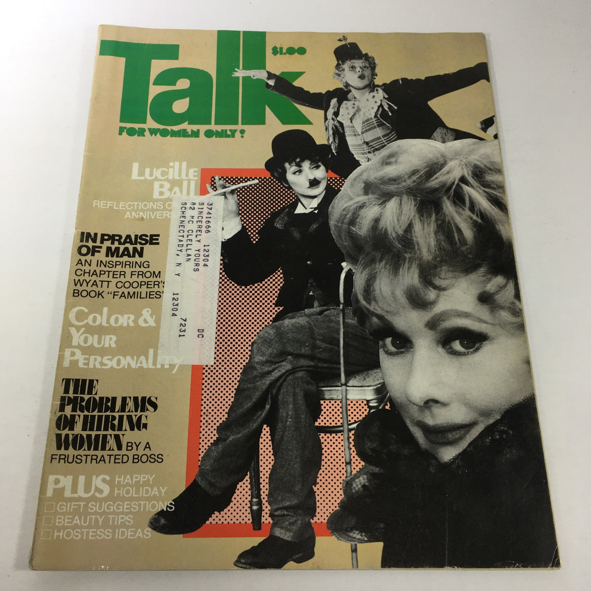 Cover of VTG Talk Magazine: December - January 1977 showcasing Lucille Ball with reflections of Charlie Chaplin. Features a vibrant design embodying classic Hollywood nostalgia.