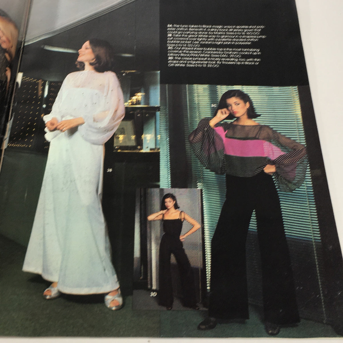Interior page of the VTG Boston Store Catalog December 1970s showcasing holiday fashion with models in 1970s outfits.