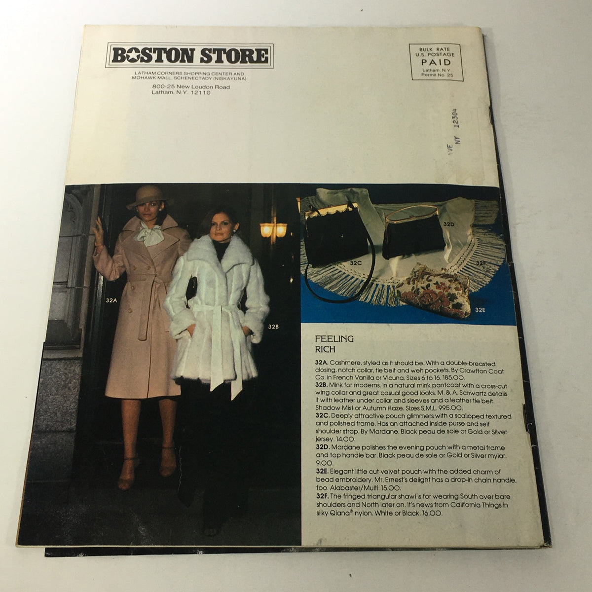 VTG Boston Store Catalog featuring Diana Mitford Holiday Cover from December 1970s showcasing stylish holiday fashion and seasonal decor. Image displays two women in elegant coats, alongside descriptions of clothing and accessories.