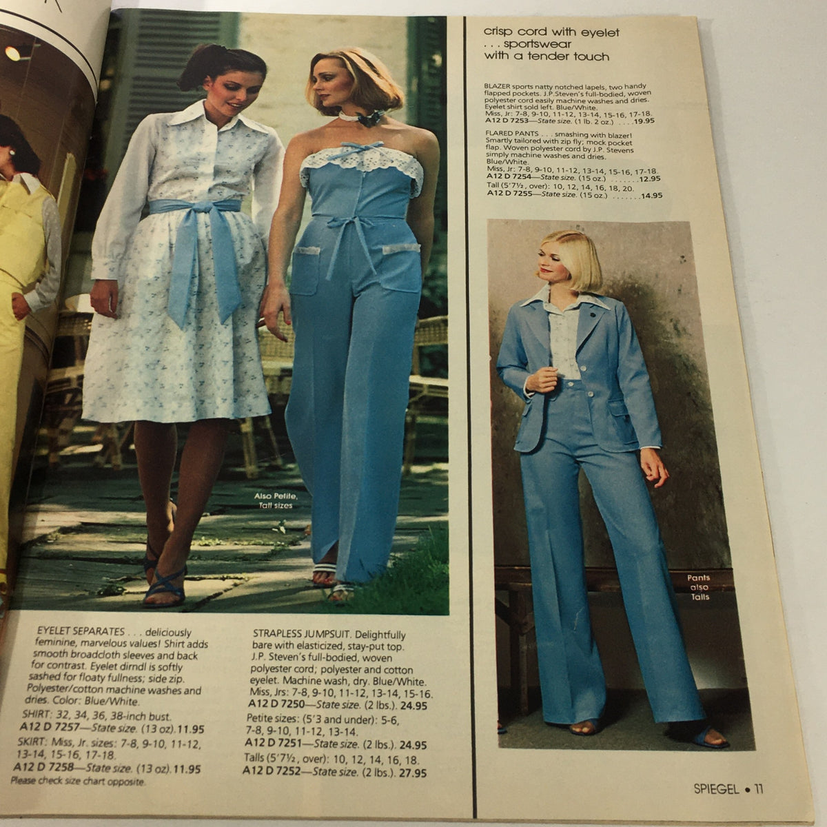 VTG Spiegel Store Catalog 1978 displaying two women in fashionable blue outfits, one in a patterned dress and the other in a strapless jumpsuit, demonstrating classic styles.