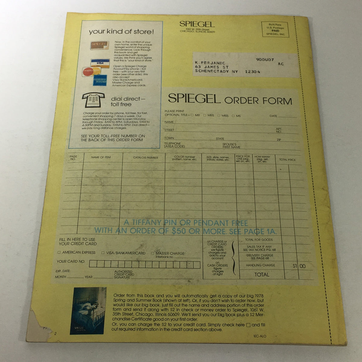 VTG Spiegel Store Catalog: 1978 - Order form for Spiegel products, featuring instructions for payment and item selections.