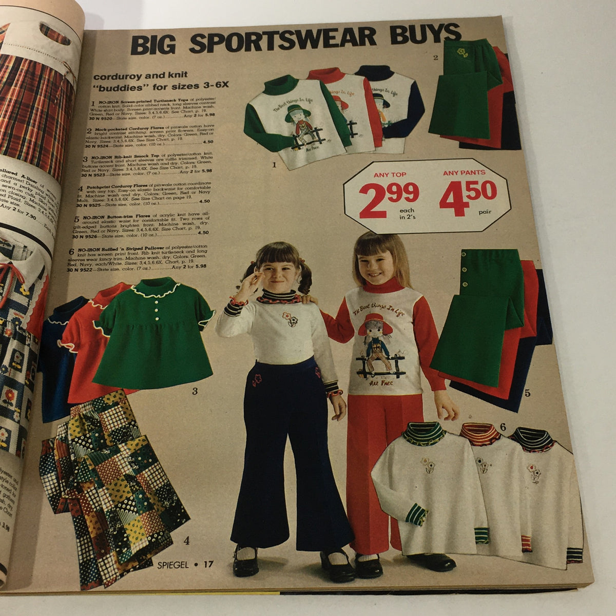 VTG Spiegel Store Catalog - October 1975 featuring big sportswear buys for kids including colorful tops and pants in sizes 3-6X.