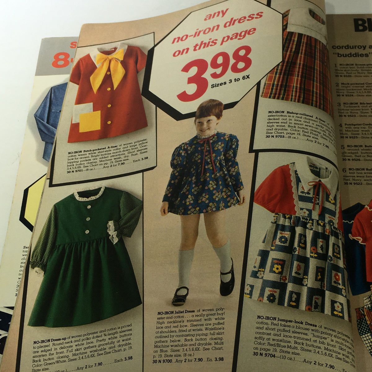 VTG Spiegel Store Catalog - October 1975 showcasing no-iron dresses priced at $3.98 in various styles and colors for girls.
