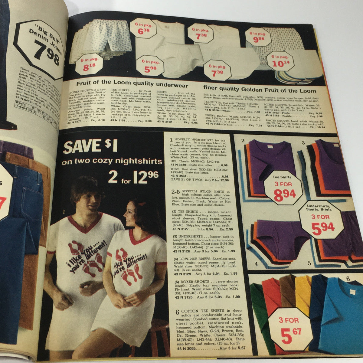 VTG Spiegel Store Catalog - October 1975 highlighting underwear deals with prices listed for various items including t-shirts and nightshirts.