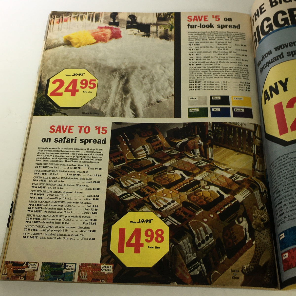 VTG Spiegel Store Catalog - October 1975 displaying home goods with savings on a fur-look spread and safari spread, showcasing vibrant colors and patterns.