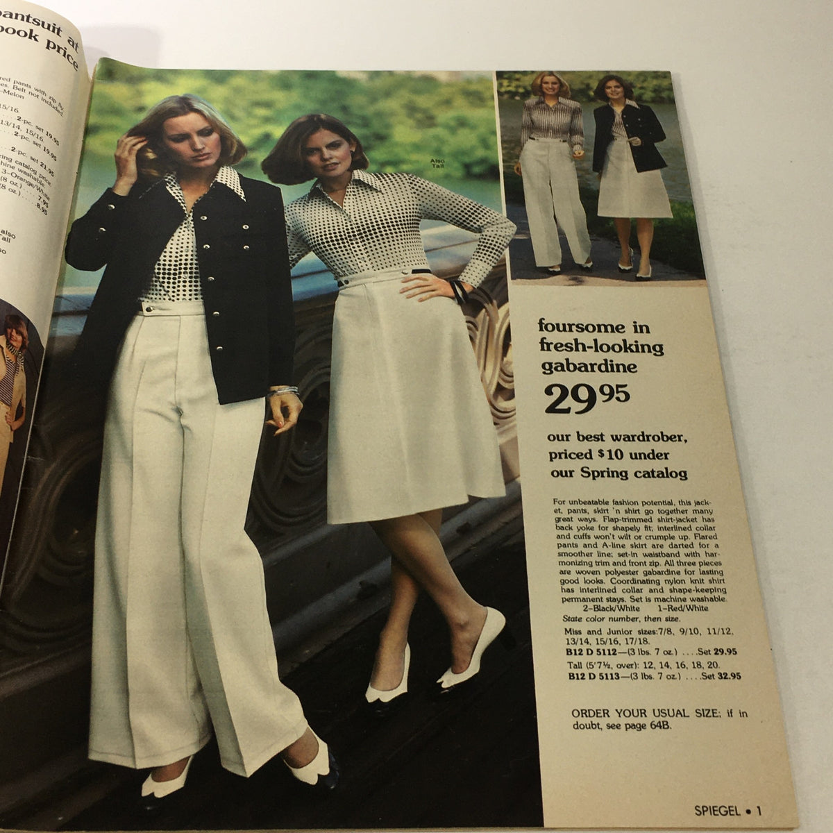 VTG Spiegel Store Catalog May 1977 showcasing retro fashion, featuring models in stylish gabardine attire with a price of $29.95.
