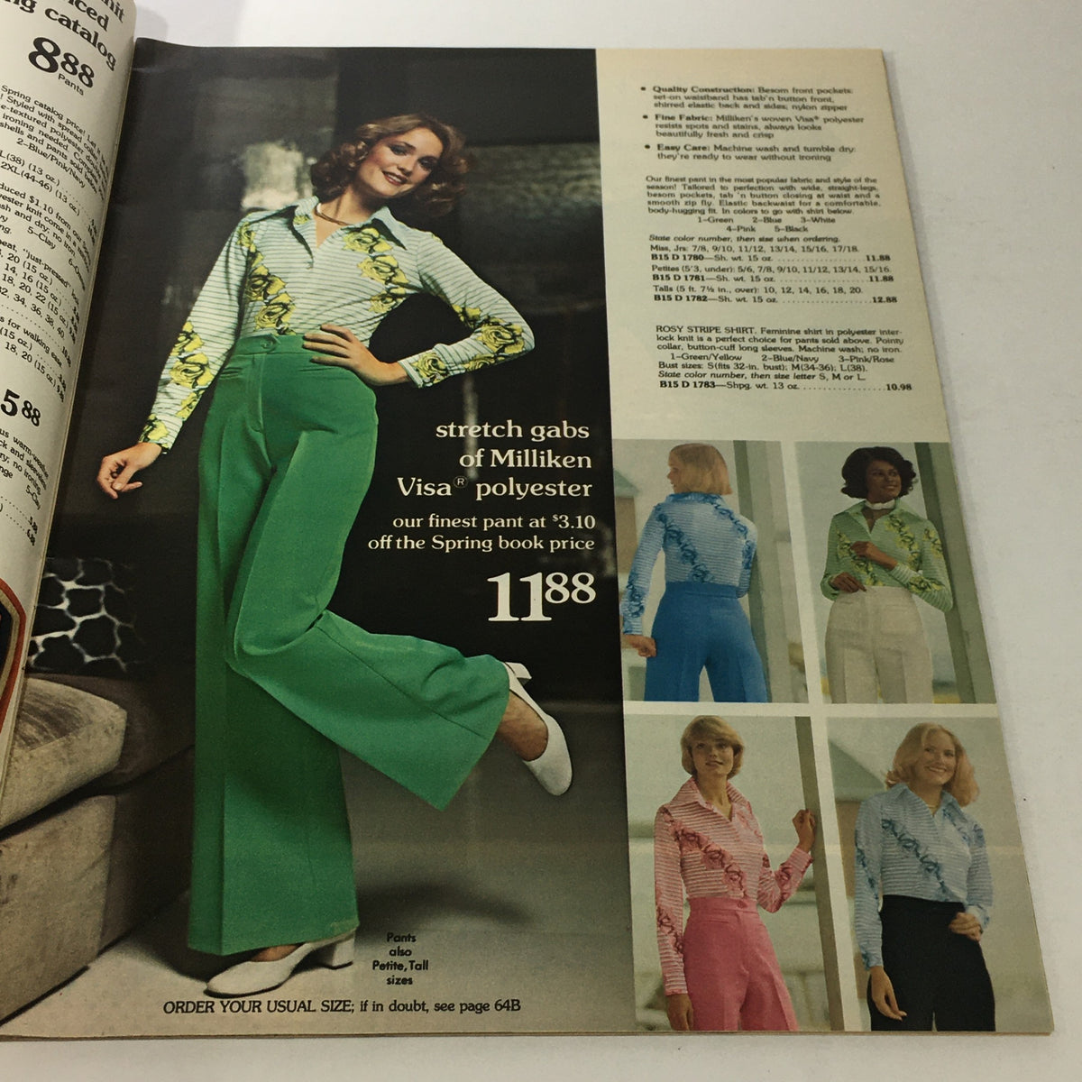 VTG Spiegel Store Catalog May 1977 displaying vibrant pants and shirt ensembles in Milliken Visa polyester, priced at $11.88.