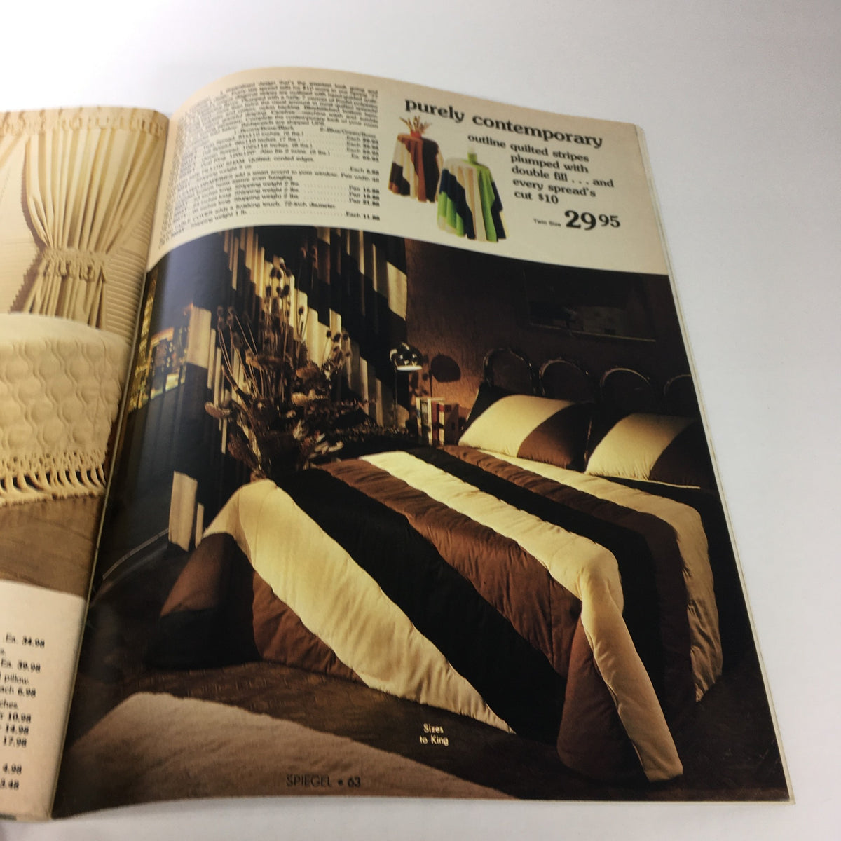 VTG Spiegel Store Catalog May 1977 featuring contemporary bedding designs with a price tag of $29.95, showcasing a stylish striped quilt.