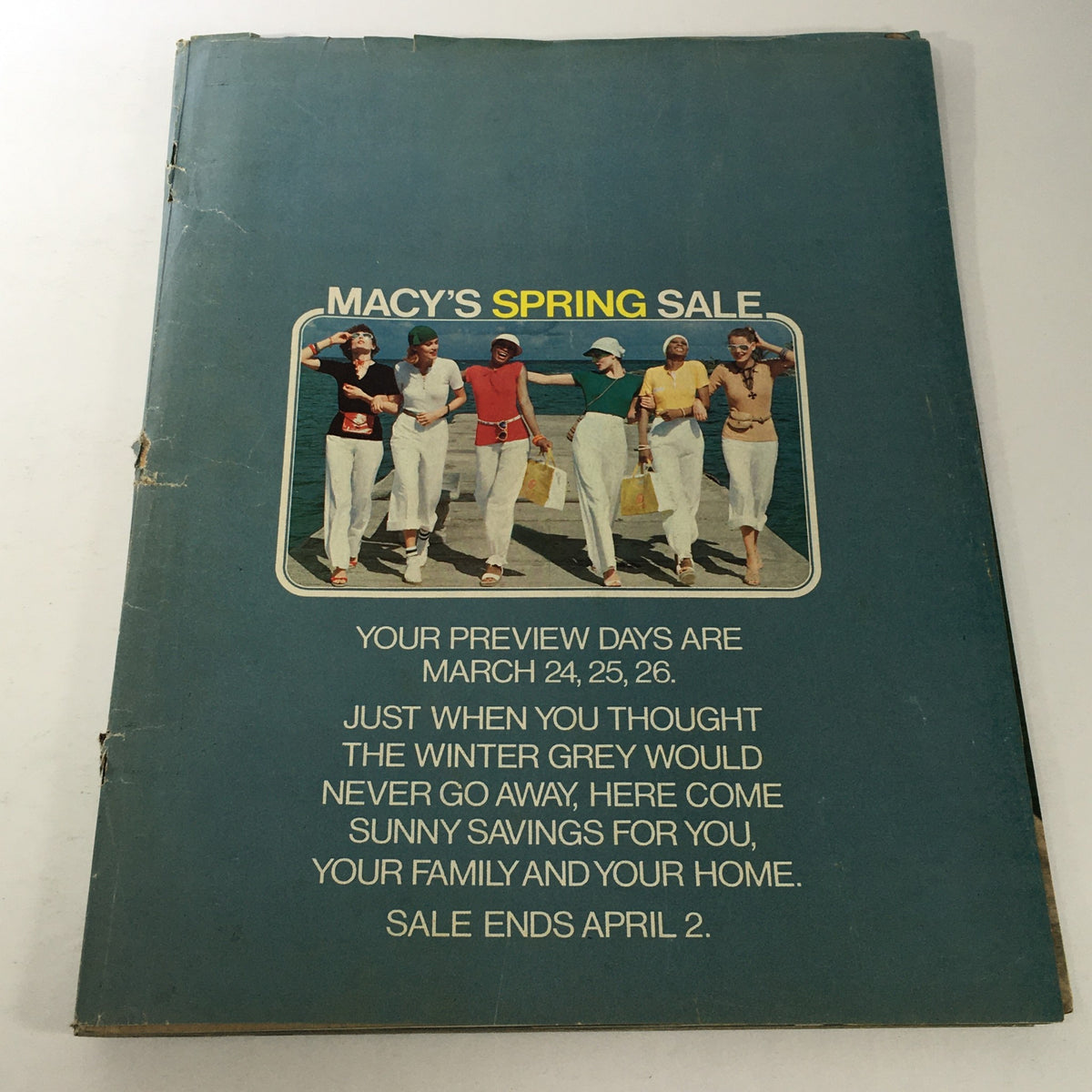 Cover of VTG Macy's Spring Sale Store Catalog - March 1977 showcasing a group of people in vintage fashion. Perfect for collectors of 1970s memorabilia.