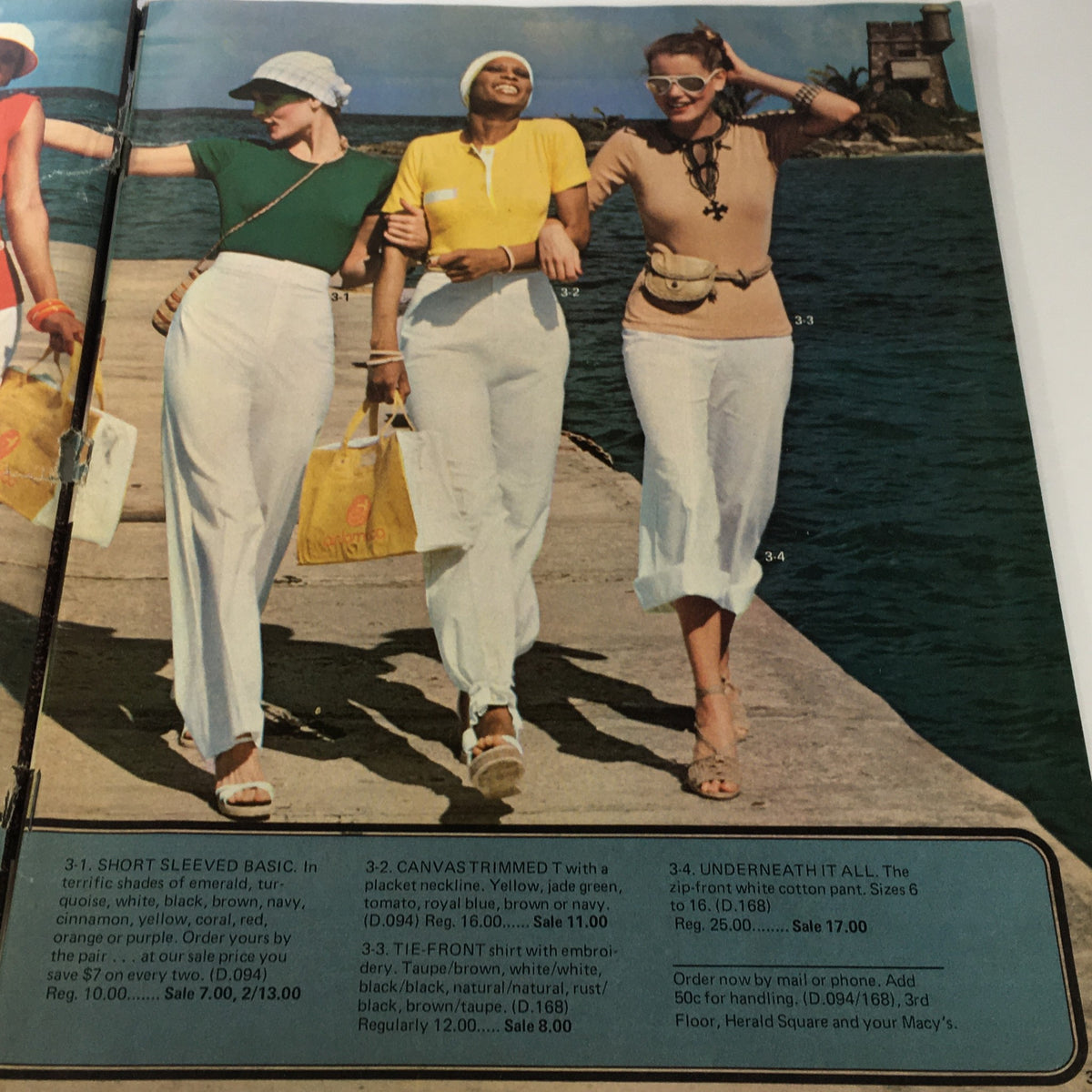 Inside page of VTG Macy's Spring Sale Store Catalog - March 1977 featuring three women modeling colorful retro outfits against a coastal backdrop.
