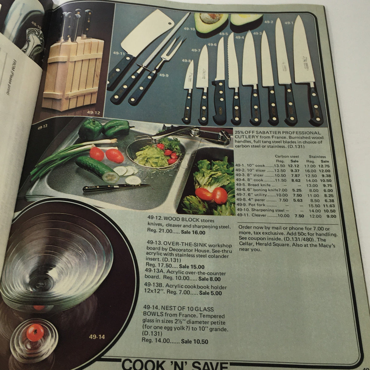 VTG Macy's Spring Sale Store Catalog: March 1977 - A promotional display of professional kitchen cutlery, featuring various knives with price details and a fresh vegetable arrangement.