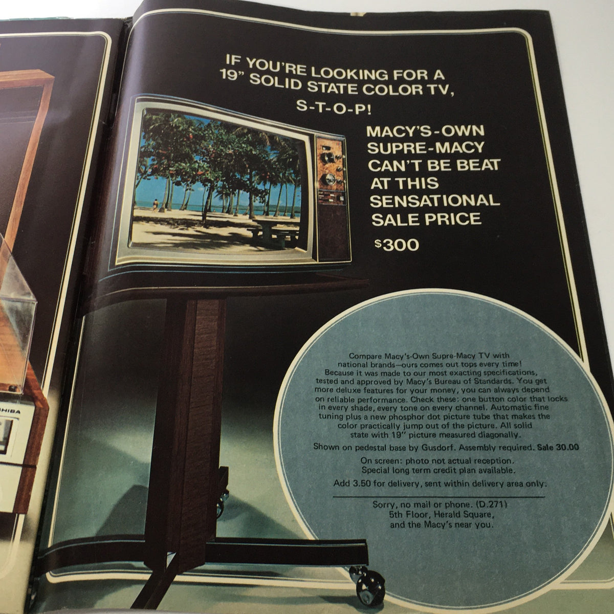 VTG Macy's Spring Sale Store Catalog: March 1977 - A vintage advertisement for a solid state color TV, showcasing features and special pricing, reflecting 1970s home entertainment.