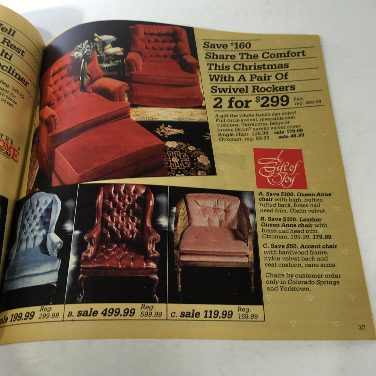 VTG Montgomery Ward Store Catalog: December 1984 displaying an advertisement for swivel rockers, emphasizing comfort and savings during the holiday season.