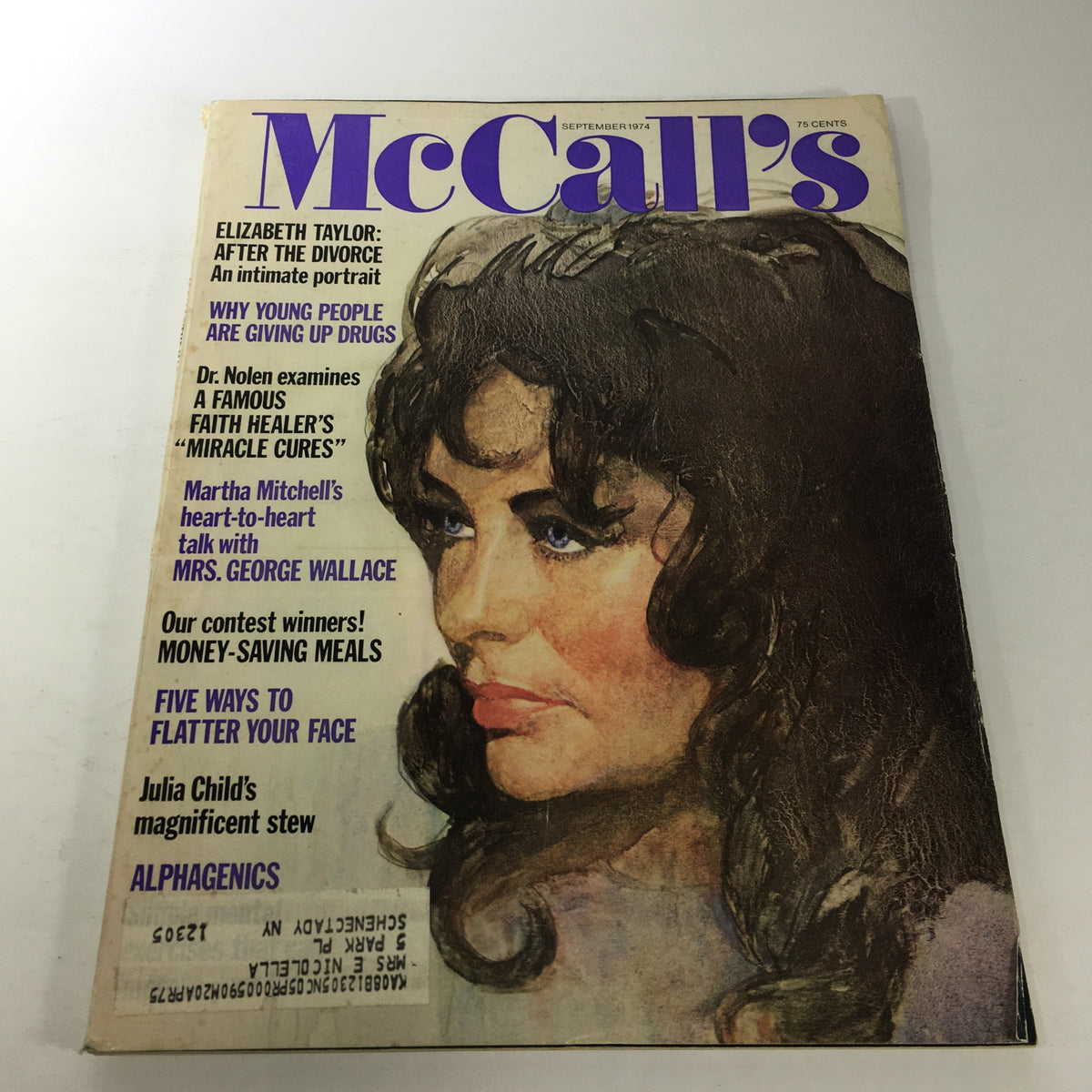 Cover of McCall's Magazine: September 1974 featuring a portrait of Elizabeth Taylor, highlighting articles on her life after divorce and Martha Mitchell, set against a backdrop of 1970s design.