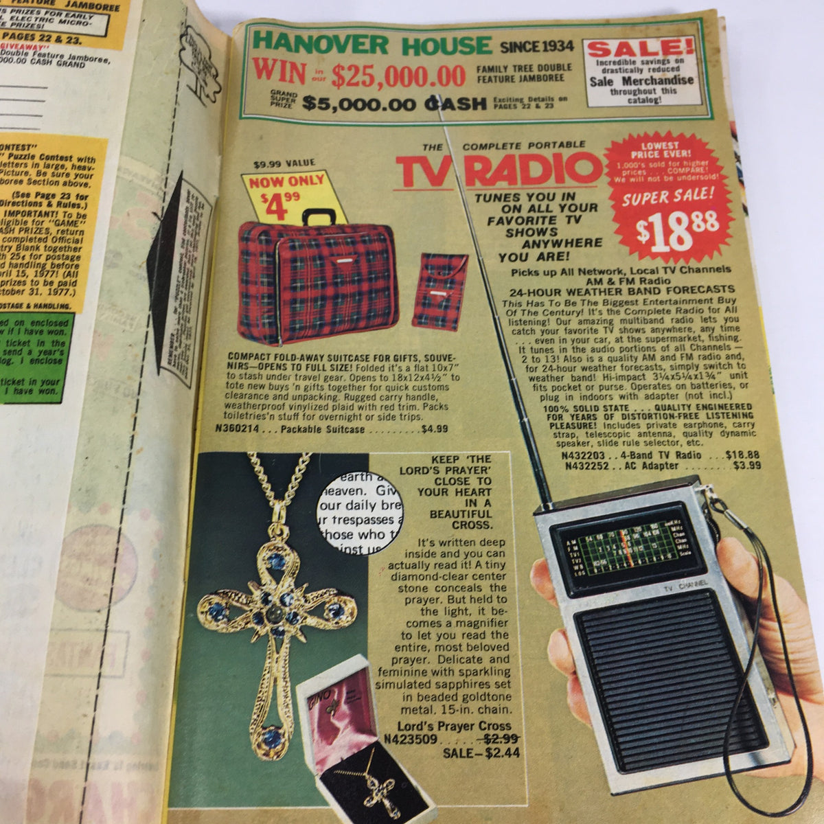 Interior page of the VTG Rare Hanover House Catalog displaying advertisements for a TV radio and jewelry, illustrating vintage home entertainment and decor from 1934.