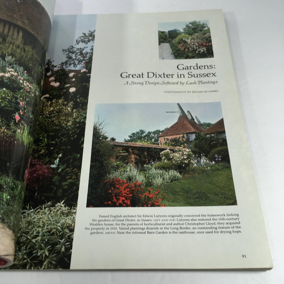 Inside page of VTG Architectural Digest For Art's Sake Catalog: June 1982, highlighting the picturesque Great Dixter gardens in Sussex, designed by Sir Edwin Lutyens.