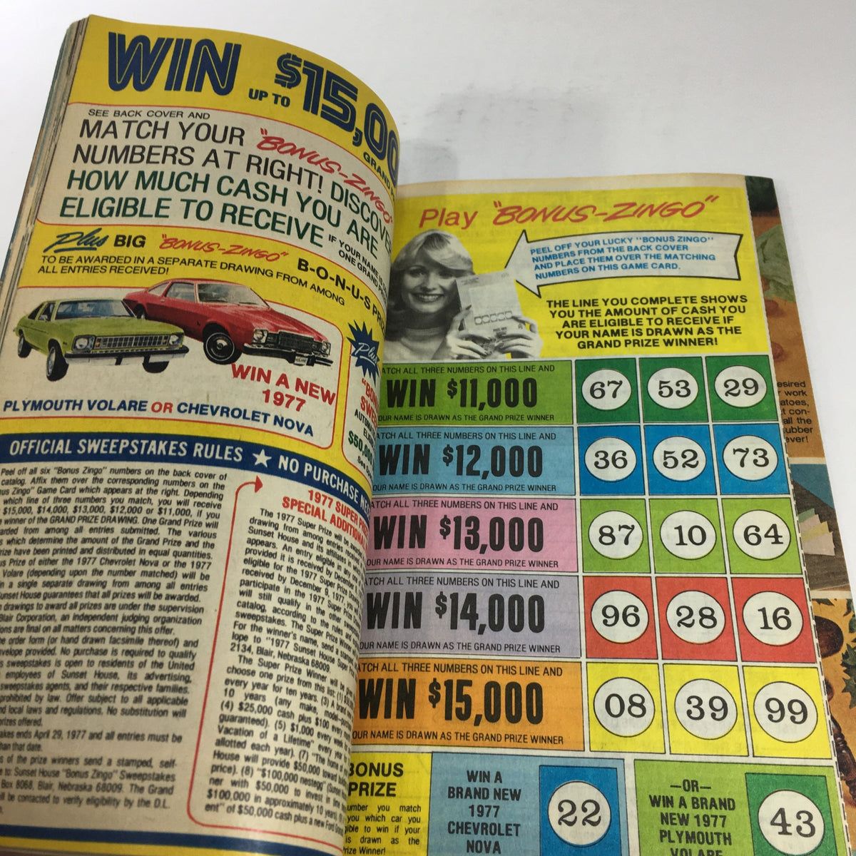 Inside view of the VTG Rare Sunset House Catalog 1977, showcasing the 'Bonus Bingo' promotional game with details on winning up to $15,000 and a chance to win a brand new car, featuring colorful graphics and vintage advertisements.