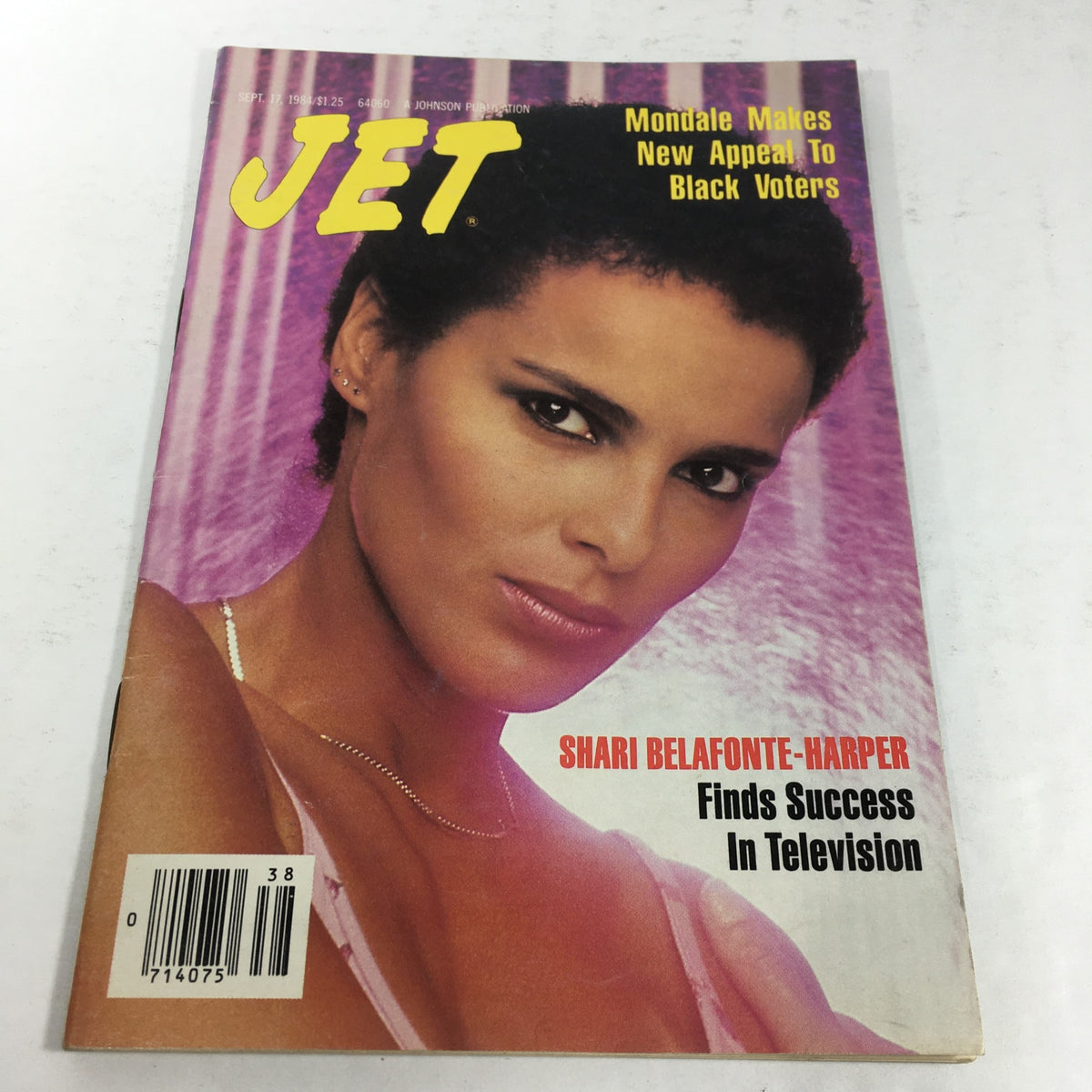 Cover of Jet Magazine dated September 17, 1984, featuring Shari Belafonte-Harper with the headline 'Finds Success In Television'. The magazine showcases a vibrant design with a purple background, highlighting the cultural significance of the 1980s entertainment industry.