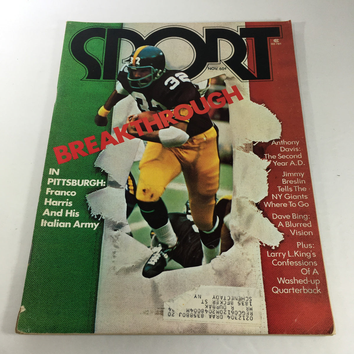 VTG Sport Magazine: November 1973 Vol. 56 No. 5 cover featuring a football player in action, with bold text highlighting 'BREAKTHROUGH' and articles on Anthony Davis and Jimmy Breslin.