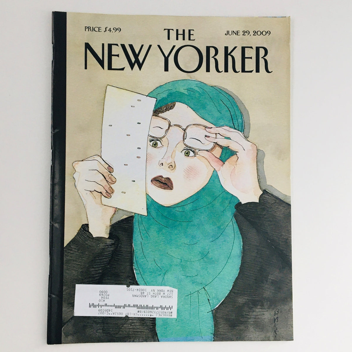 The New Yorker Full Magazine June 29 2009 cover featuring the artwork 'Hanging Chador' by Barry Blitt, depicting a woman wearing glasses and a teal chador, with a shocked expression.