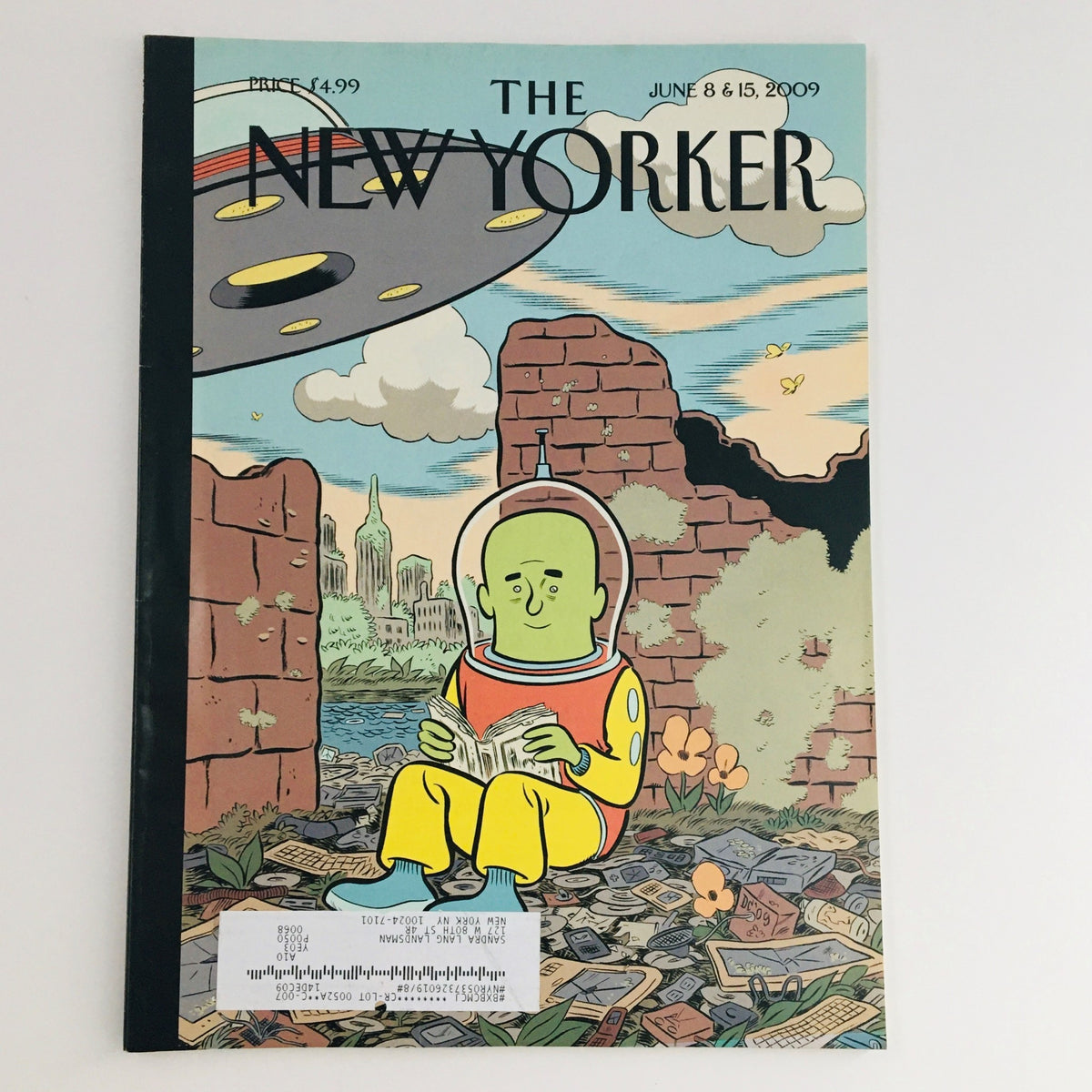 Cover of The New Yorker Full Magazine June 8 2009 featuring the illustration 'The Age of Genius' by Dan Clowes, depicting an astronaut sitting amidst a scenic background with iconic landmarks, showcasing the magazine's blend of art and storytelling.