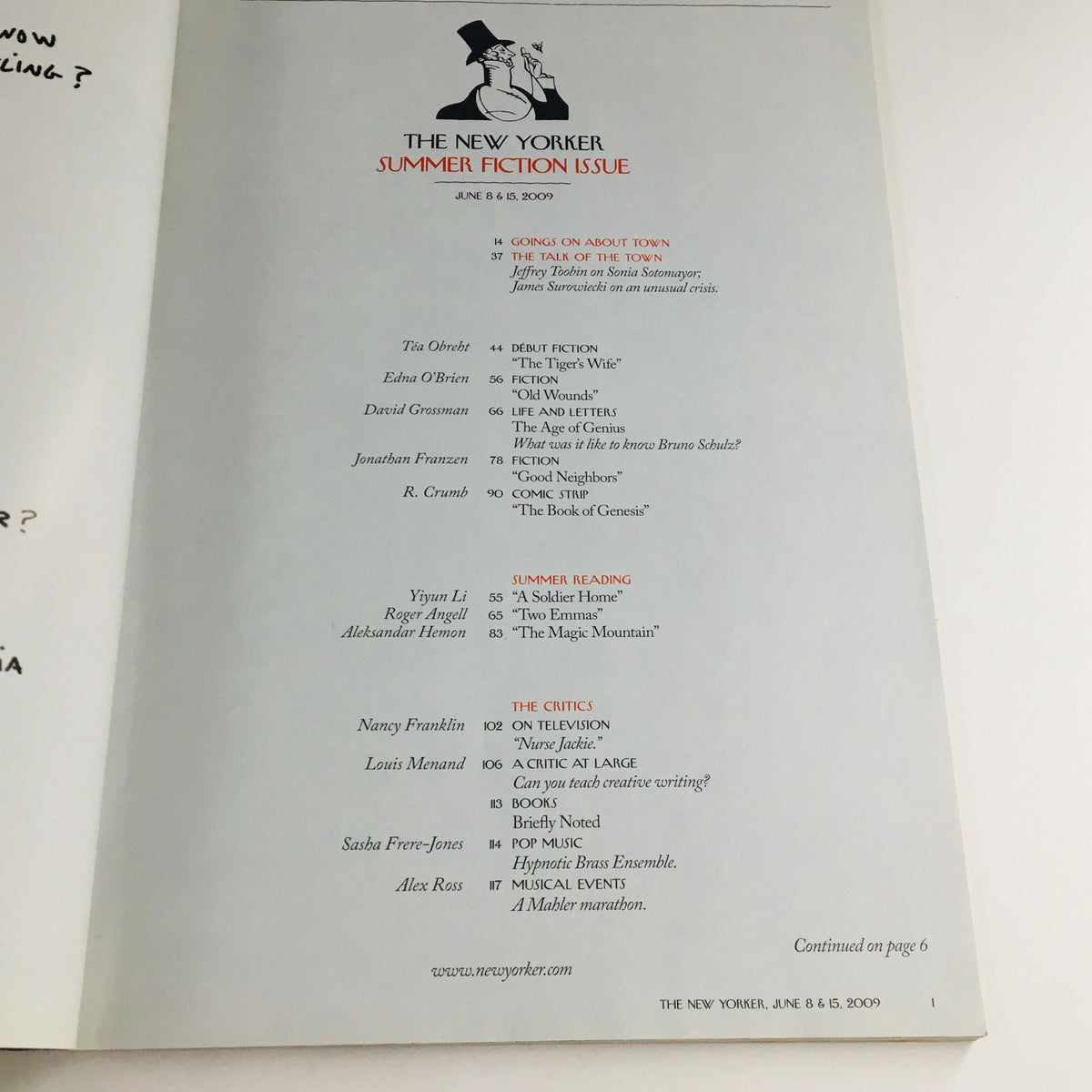 Interior page of The New Yorker June 8, 2009 magazine featuring the Summer Fiction issue with a list of contributors and their works.