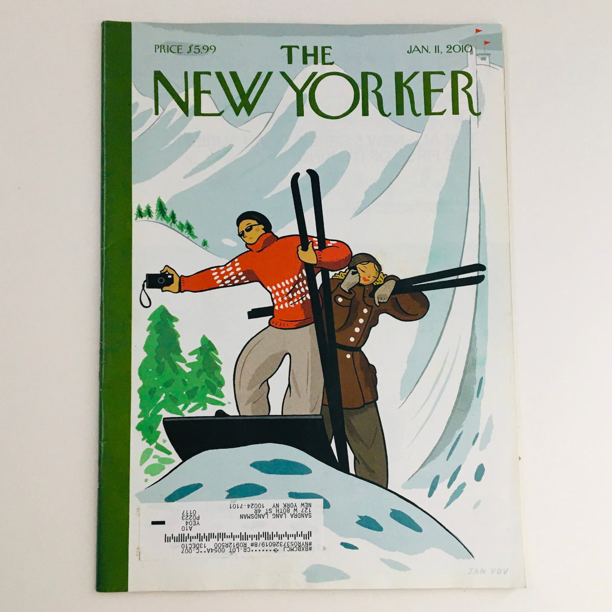 The New Yorker Magazine January 11 2010 featuring a vibrant cover illustration by Jan Van Der Veken, depicting two skiers in winter attire amidst a snowy landscape.