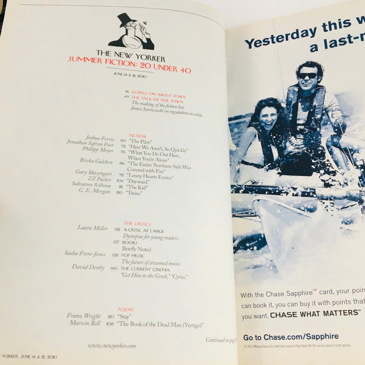 Interior page of The New Yorker Full Magazine June 14 2010 showcasing the table of contents, listing featured articles and contributors, emphasizing its literary and artistic significance.
