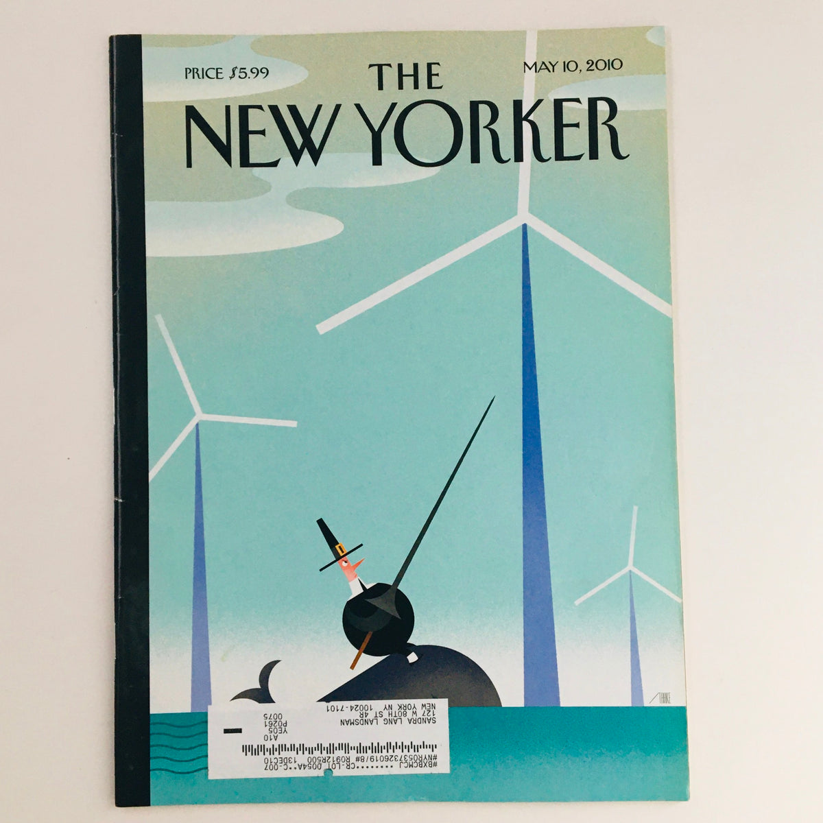 The New Yorker Full Magazine May 10 2010 Tilt by Bob Staake showcasing a colorful cover featuring wind turbines and a whimsical character in top hat and coat.