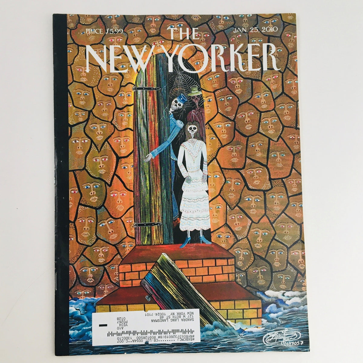 The New Yorker January 25 2010 Full Magazine Theme Cover by Frantz Zephirin featuring a unique illustration of a woman in a white dress standing near a colorful wall with faces.