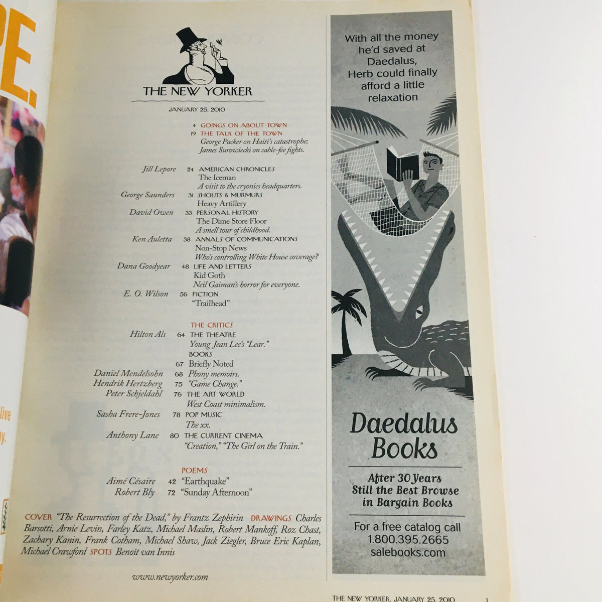 The New Yorker January 25 2010 interior page showcasing advertisements and content, including Daedalus Books, reflecting the magazine's blend of art and literature.