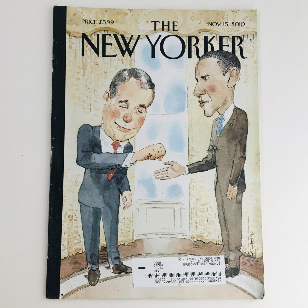 Cover of The New Yorker November 15, 2010, depicting a caricature of Barack Obama and John Boehner, illustrated by Barry Blitt, showcasing a political moment.