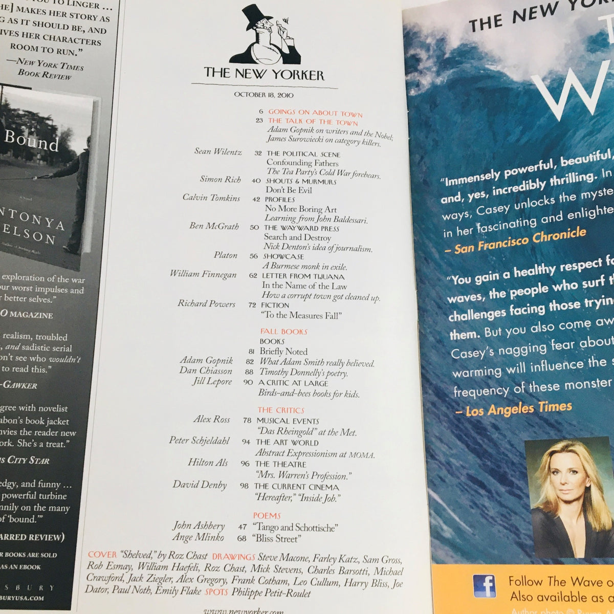 Interior page of The New Yorker Full Magazine October 18 2010 showcasing the table of contents with articles and highlights from the issue.