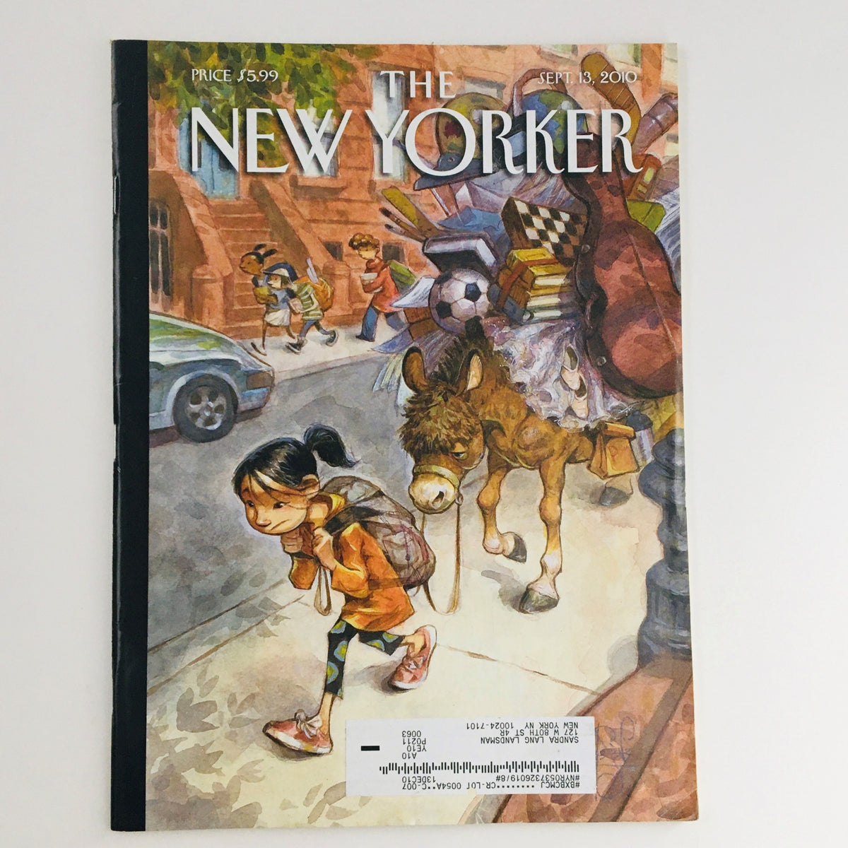 The New Yorker Magazine September 13 2010 cover featuring charming artwork titled "Beasts of Burden" by Peter de Sève, depicting a girl walking with a donkey carrying various items.