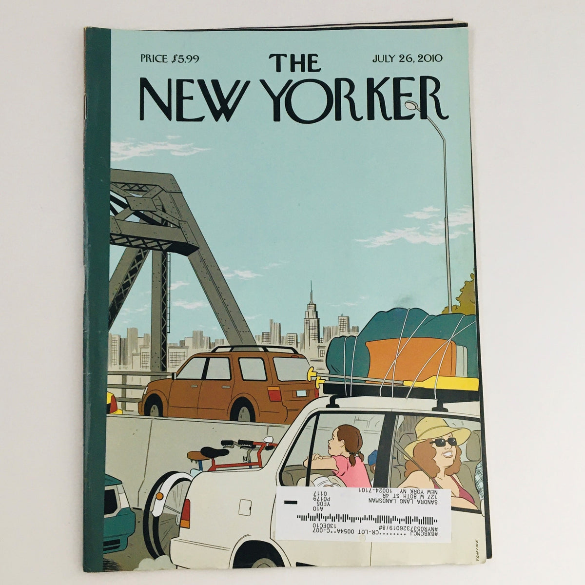 The New Yorker July 26 2010 full magazine cover art by Adrian Tomine featuring a vibrant illustration of a cityscape with vehicles, capturing the essence of urban life.