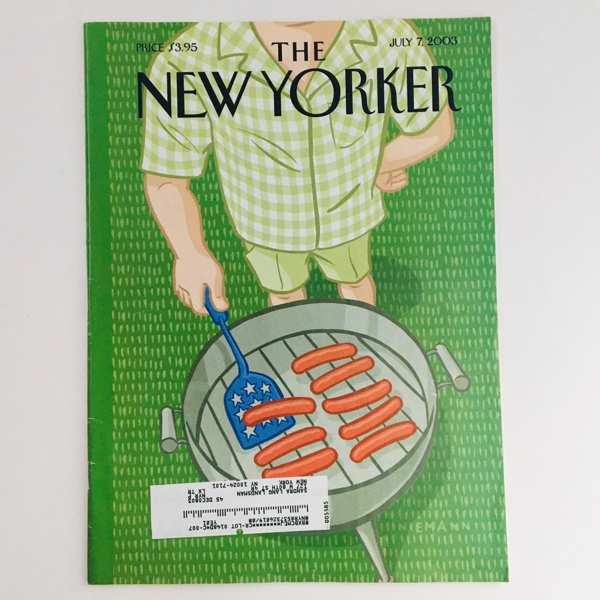The New Yorker July 7 2003 Full Magazine Theme Cover by Christoph Niemann, featuring a green backdrop with a person grilling hot dogs, embodying an artistic interpretation of summertime.