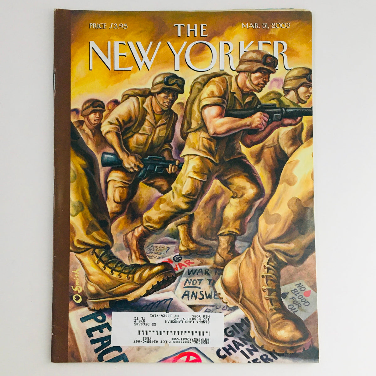 The New Yorker March 31 2003 Full Magazine Theme Cover by Owen Smith, featuring soldiers in a marching formation and a backdrop of protest signs, showcasing the cultural essence of the era.