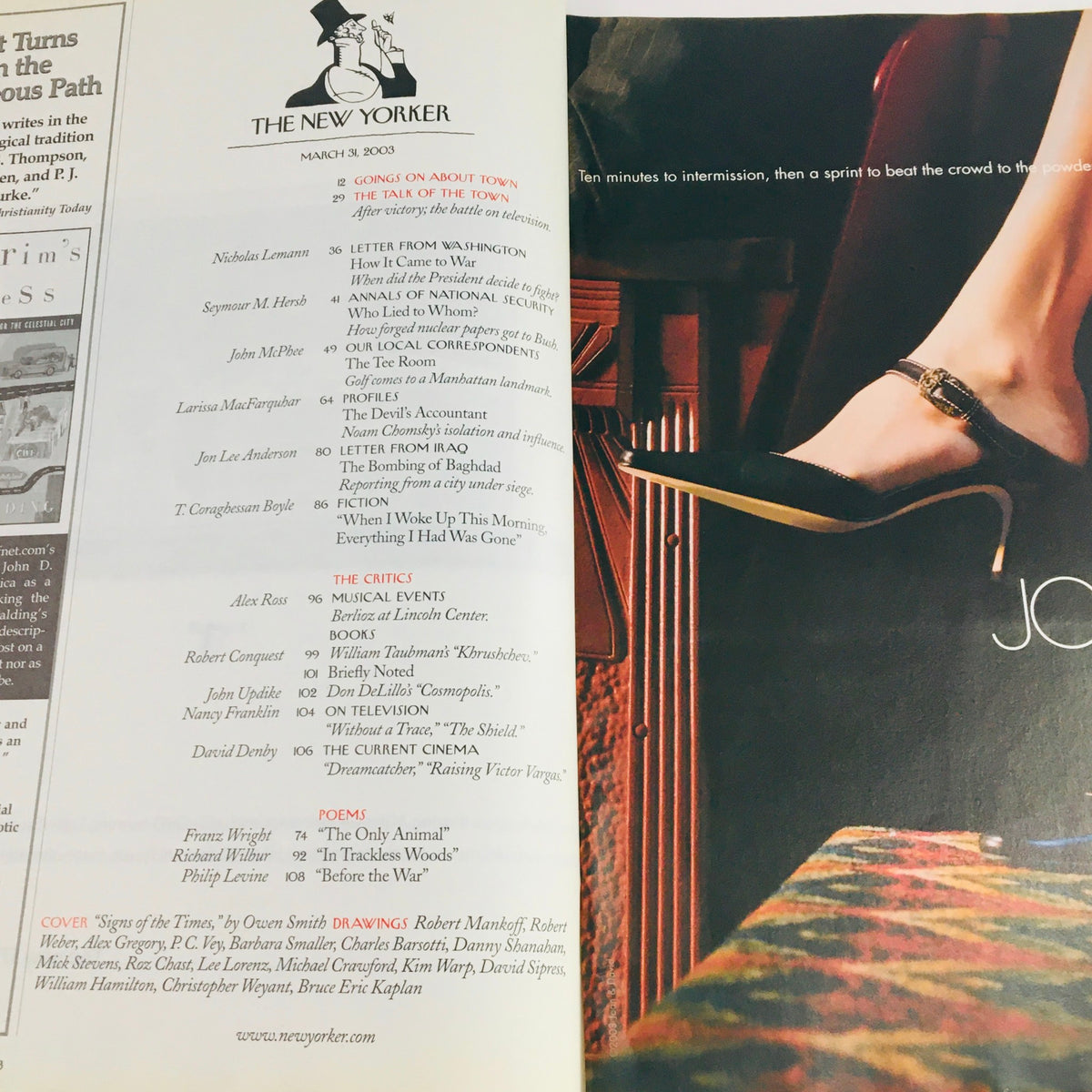 Inside page of The New Yorker March 31 2003 publication, displaying the table of contents with detailed articles and contributors, highlighting the magazine's rich journalistic offerings.