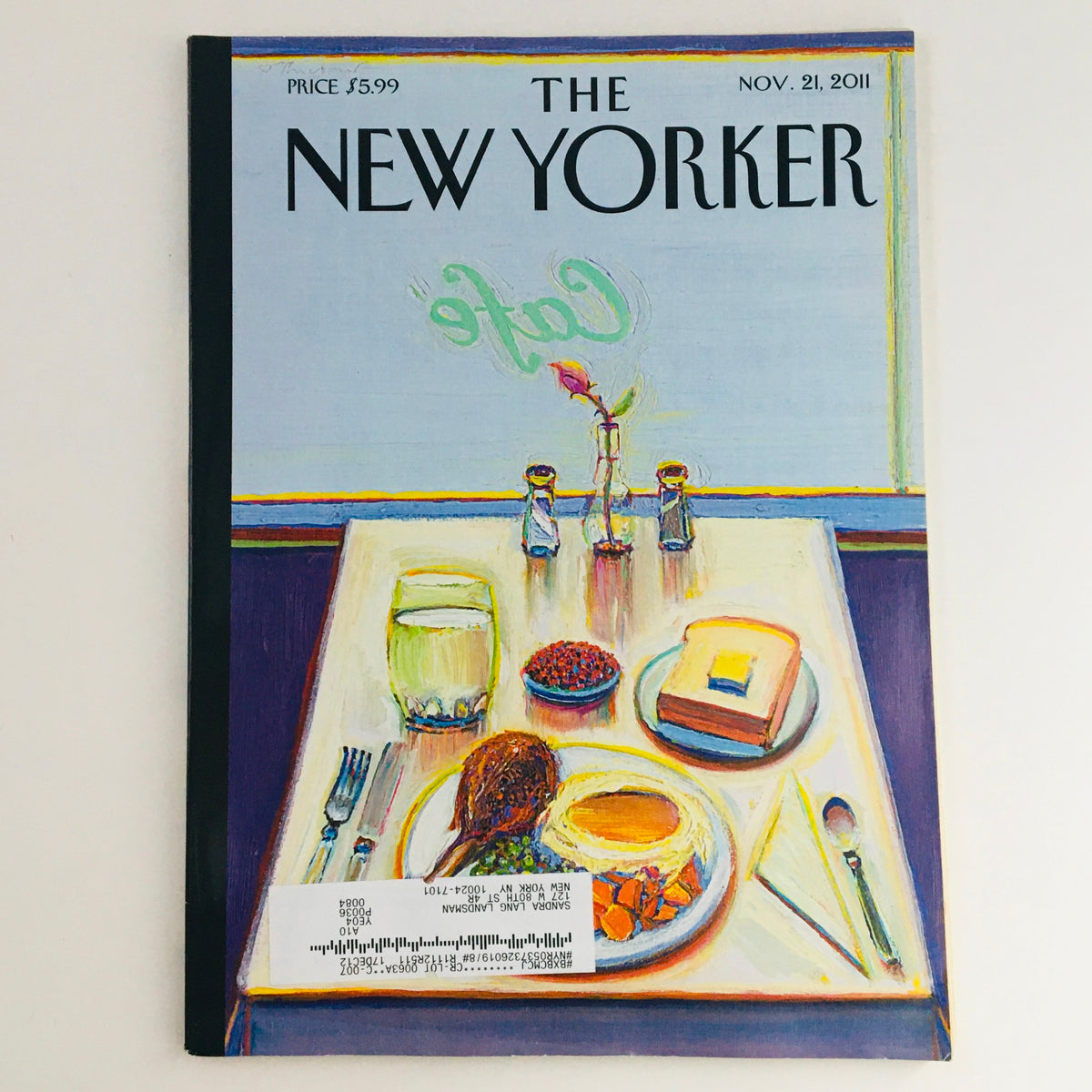 The New Yorker Magazine November 21 2011 with the cover illustration titled 'Cafe' by Wayne Thiebaud, depicting a colorful dining table setting with food and drink.