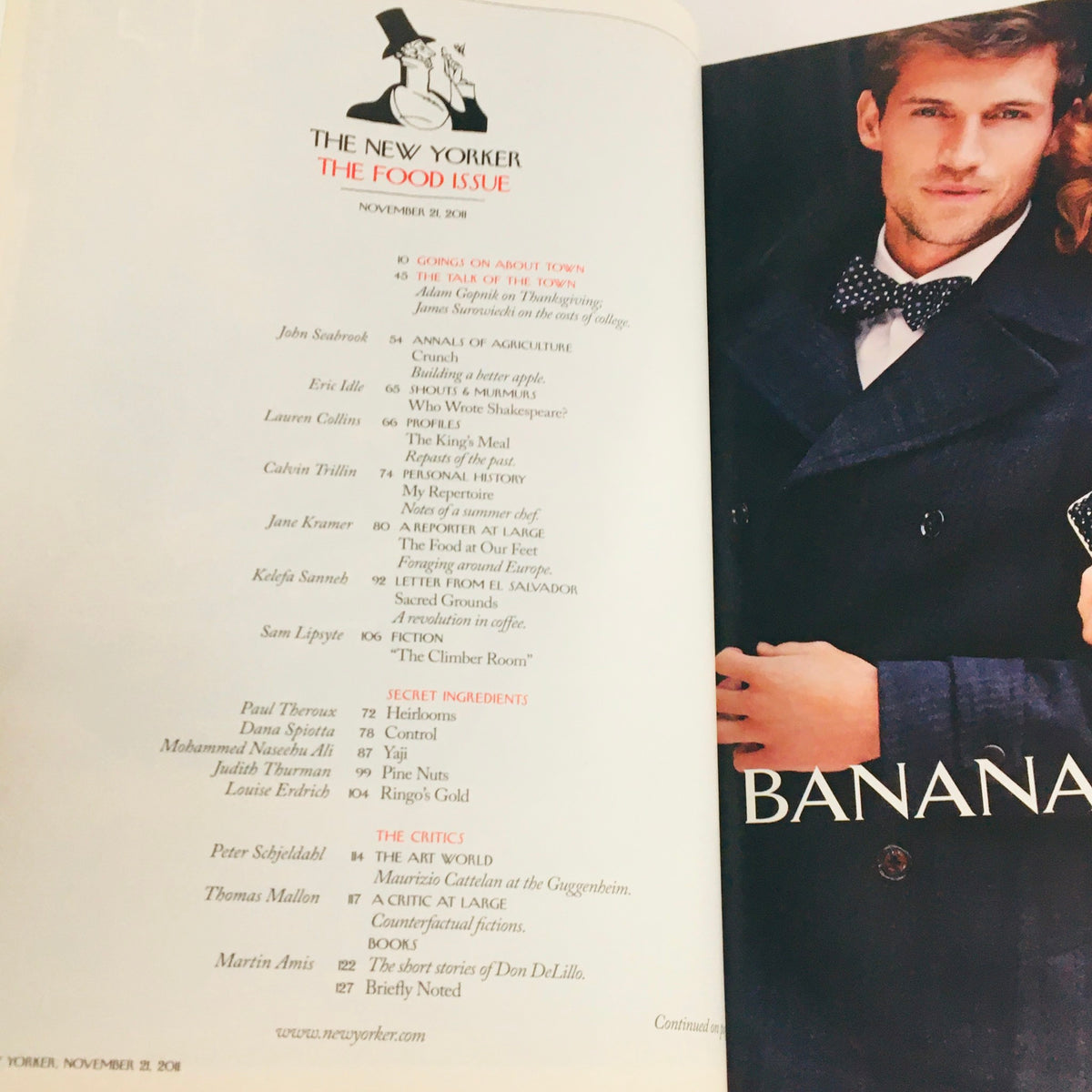 Interior page of The New Yorker Magazine November 21 2011 featuring the table of contents and a stylish advertisement, showcasing the magazine's design and layout.