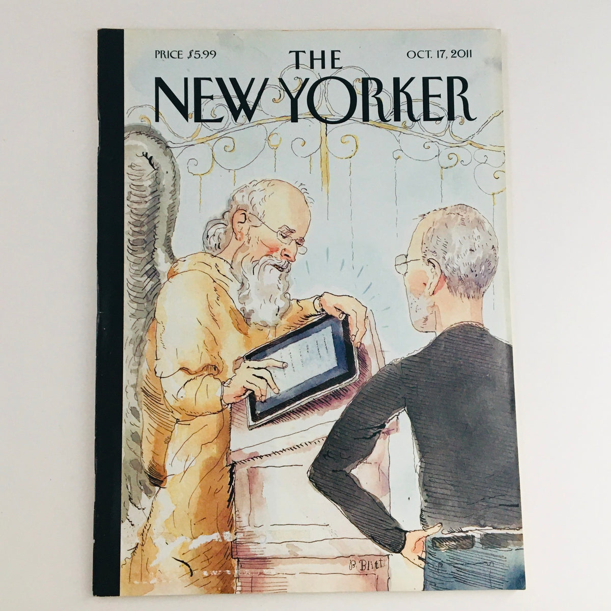 The New Yorker Magazine October 17 2011 cover featuring a captivating illustration by Barry Blitt of Steve Jobs, showcasing a playful interaction with a figure holding an iPad. A beautiful tribute to innovation and technology.